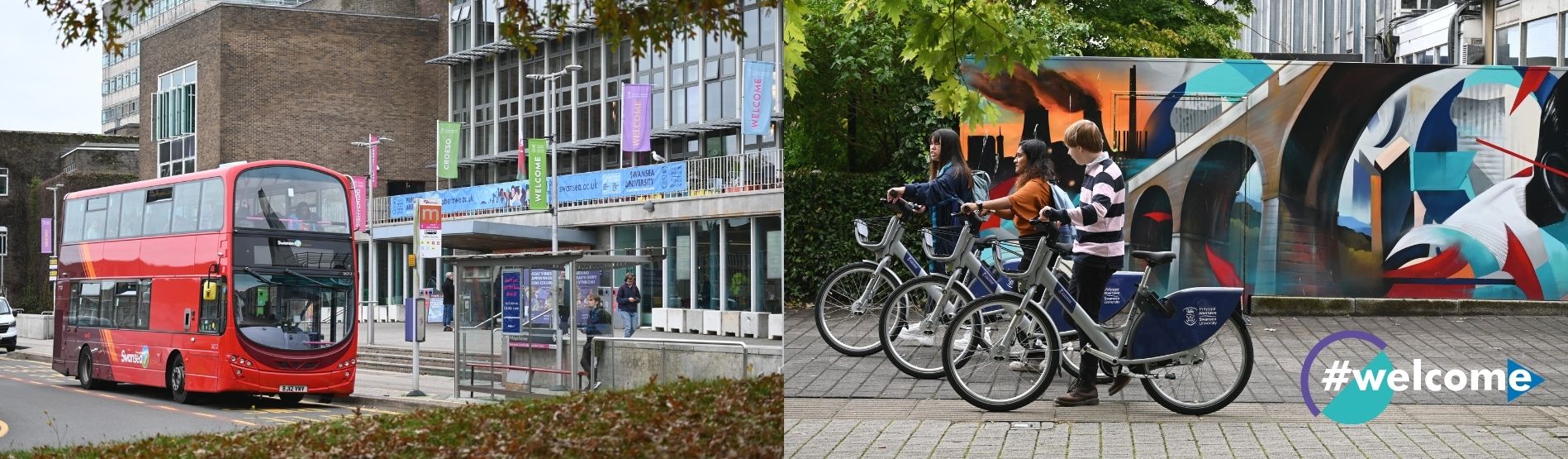 Split image of bus on Singleton Campus and students using bikes