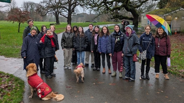 students on dog walk