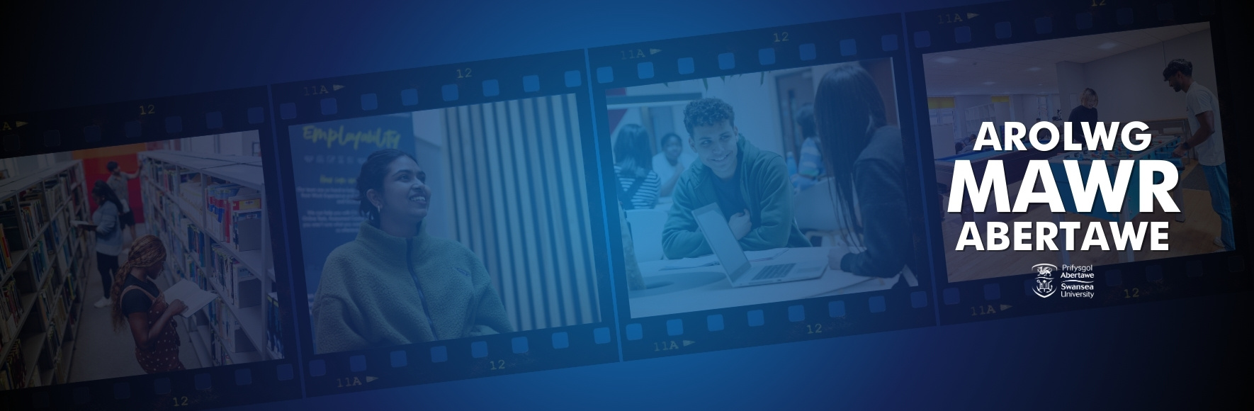 Big Swansea Survey logo. Film reel with stock images in the background.