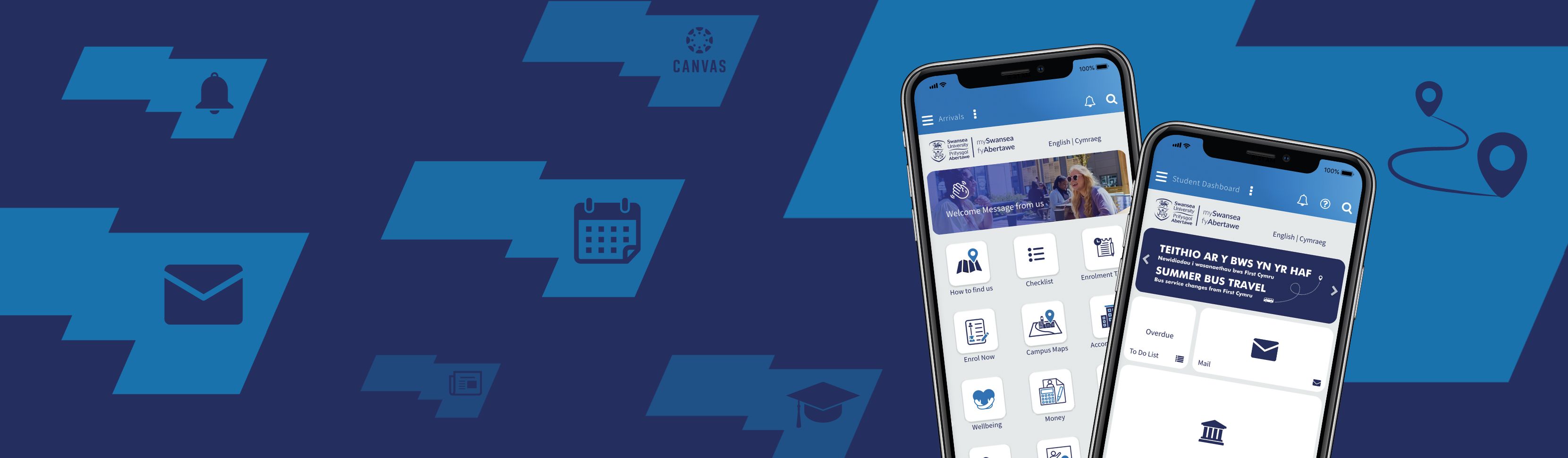 Graffeg o MySwansea App ar y sgrin gartref, yn gorwedd ar ben cefndir glas tywyll.