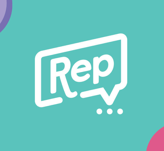 Three students talking with Rep logo on image