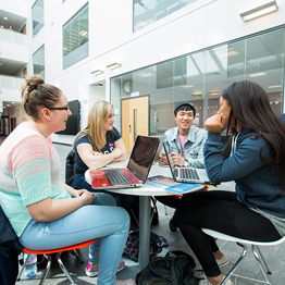 Group of students sitting around a table talking