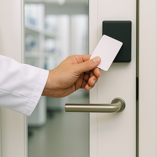 Magnetics card key being used to open a locked lab door