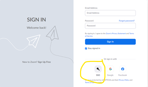 A screen grab of the sign-up window for Zoom highlighting where to click for single sign on (SSO)
