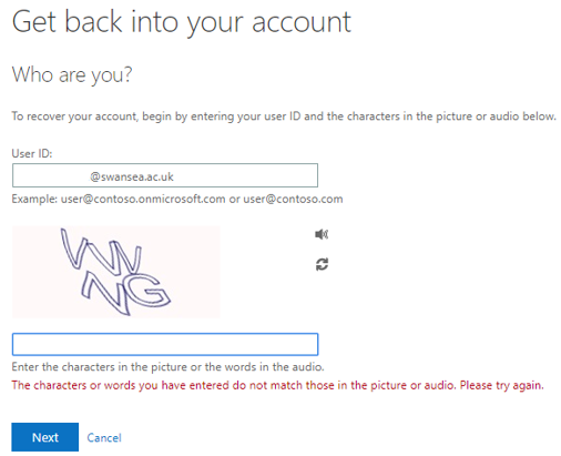 A screenshot showing the 'Get back into your account' prompt containing the following text: 