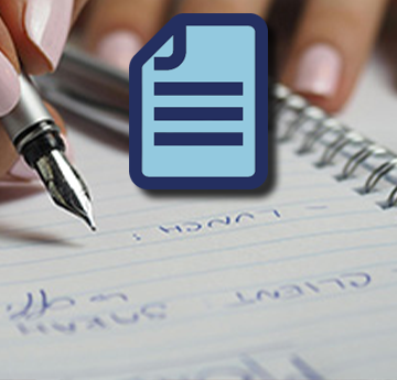 an icon depicting a piece of paper appears in front of someone writing at a desk