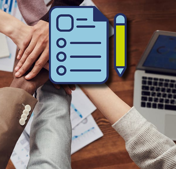 An image of a form appears in front of a bird's eye view of people stood in a circle with their hands piled on top of each other