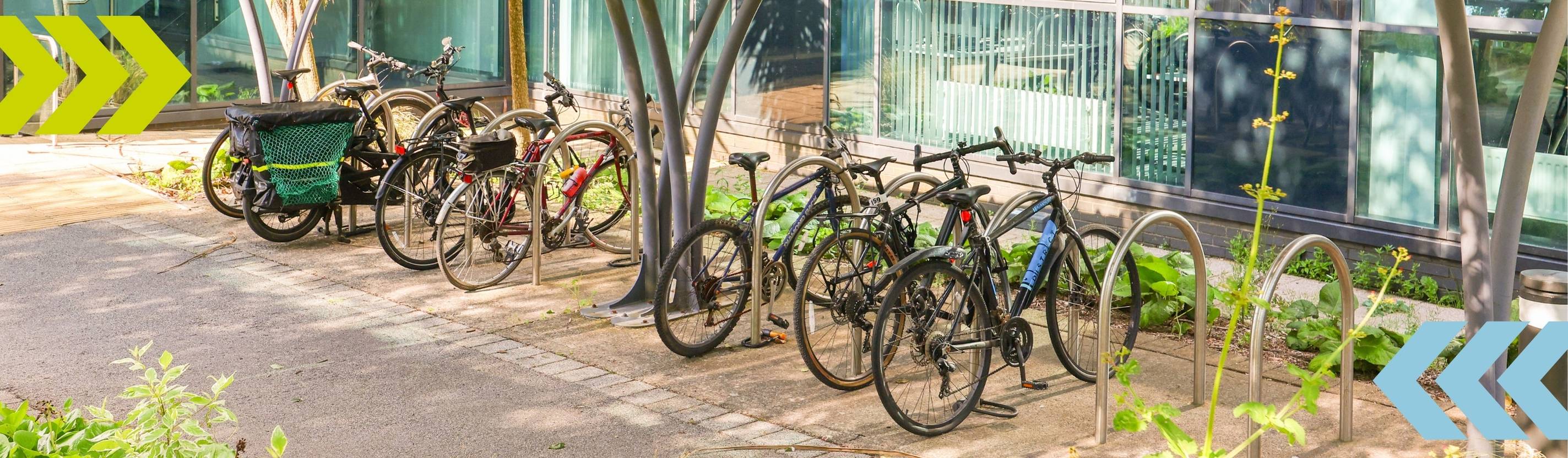 Row of bicycles in a bike storage shelter 
